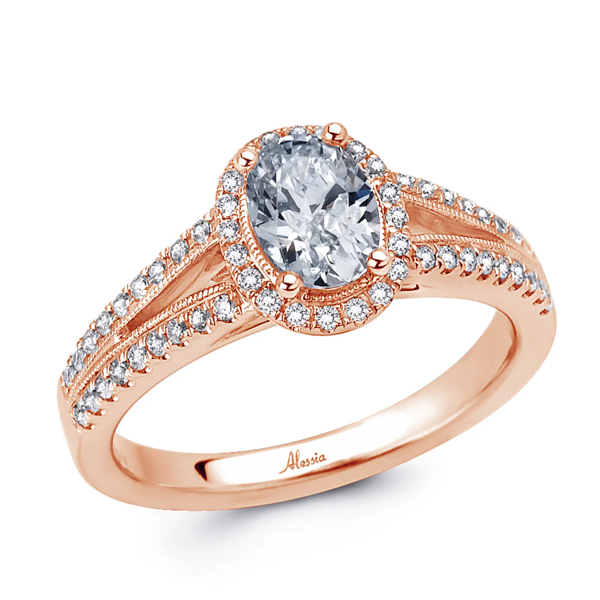 Oval Shape Diamond Halo Engagement Ring with Split Band - ACB041 - Image 4